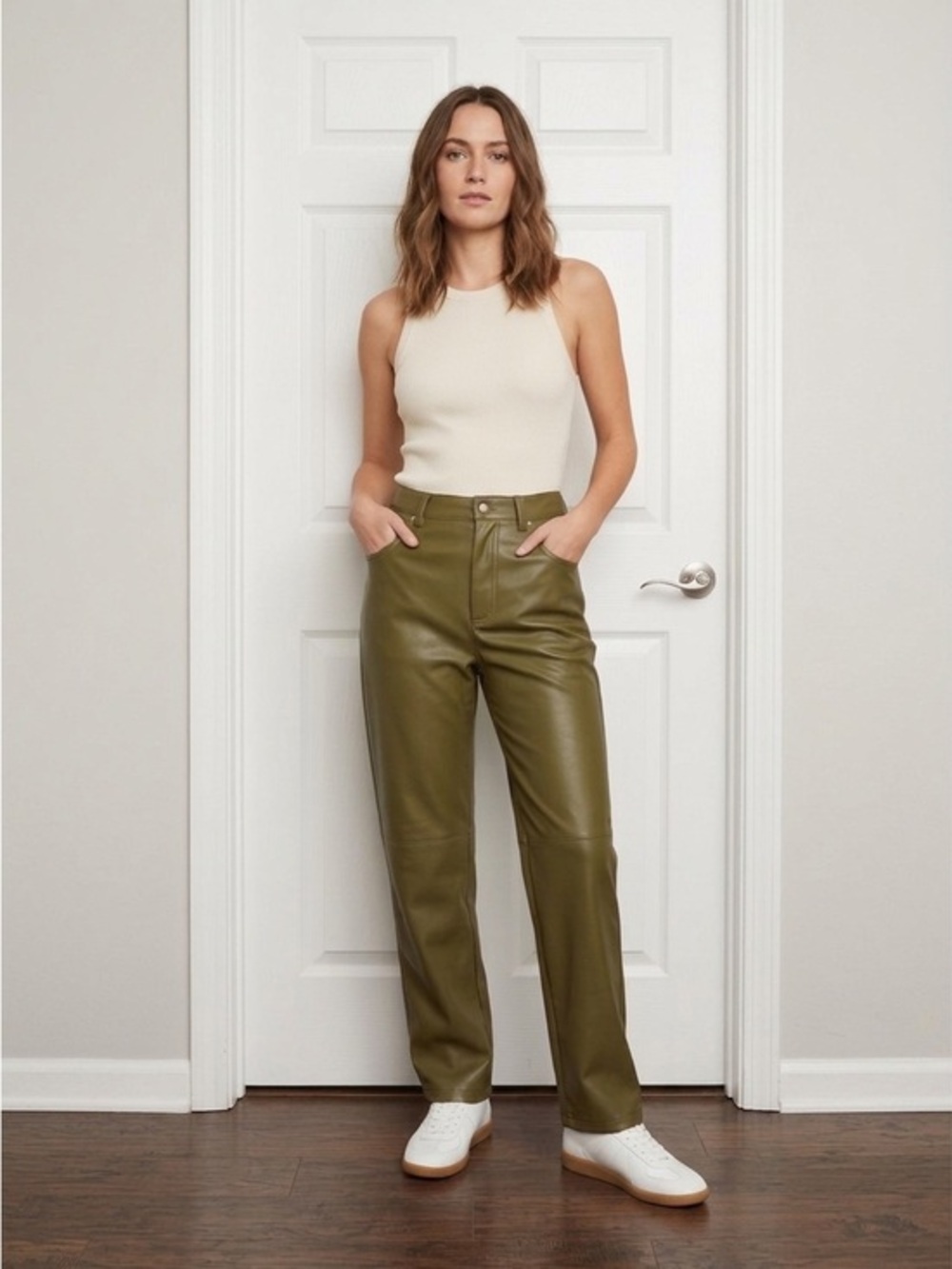 Vero Moda Womens Small Bella High Waist Green Brown Faux Leather Pant S Straight